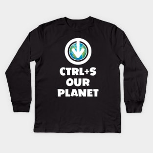 Ctrl+S Our Planet - Save Our Planet design with download/save iconography over a world globe Kids Long Sleeve T-Shirt